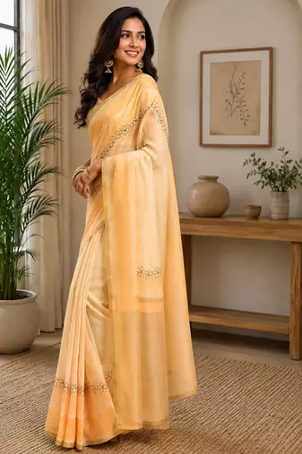Women cream chanderi cotton plain ready to wear saree