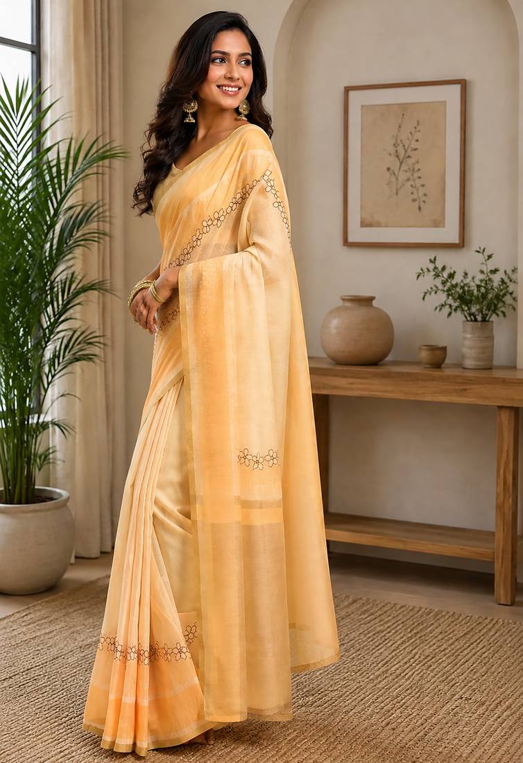 Women cream chanderi cotton plain ready to wear saree