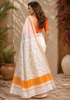 Women white chanderi cotton floral ready to wear saree 3