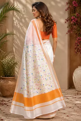 Women white chanderi cotton floral ready to wear saree