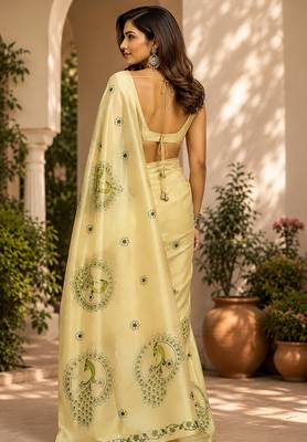 Women cream chanderi cotton peacock motifs ready to wear saree 3