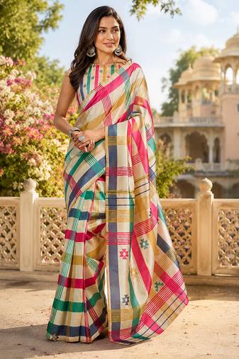 Women multicolor chanderi cotton checked ready to wear saree