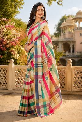 Women multicolor chanderi cotton checked ready to wear saree 3
