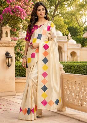 Women cream chanderi cotton plain ready to wear saree 1