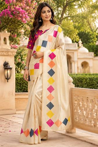 Women cream chanderi cotton plain ready to wear saree