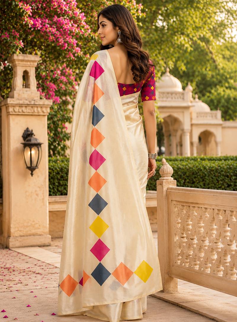 Women cream chanderi cotton plain ready to wear saree