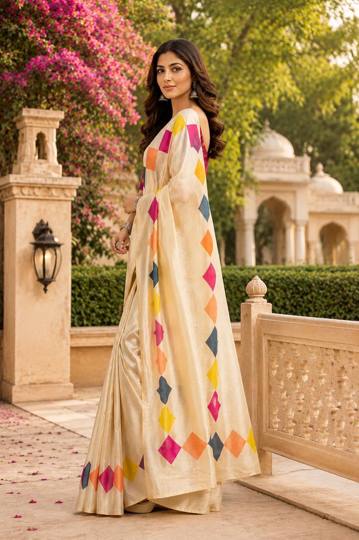 Women cream chanderi cotton plain ready to wear saree