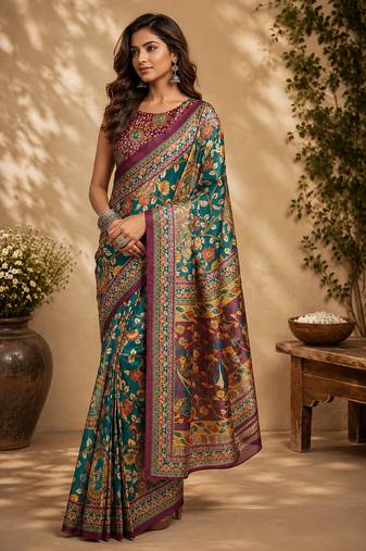 Women peacock green chanderi cotton floral jaal ready to wear saree