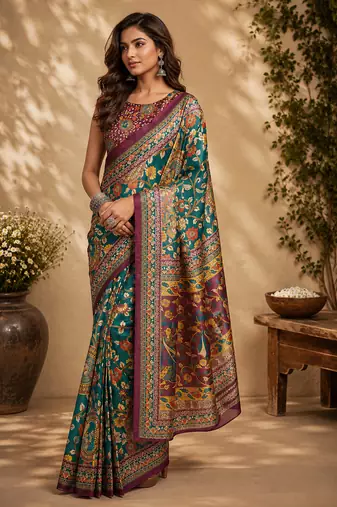Women peacock green chanderi cotton floral jaal ready to wear saree