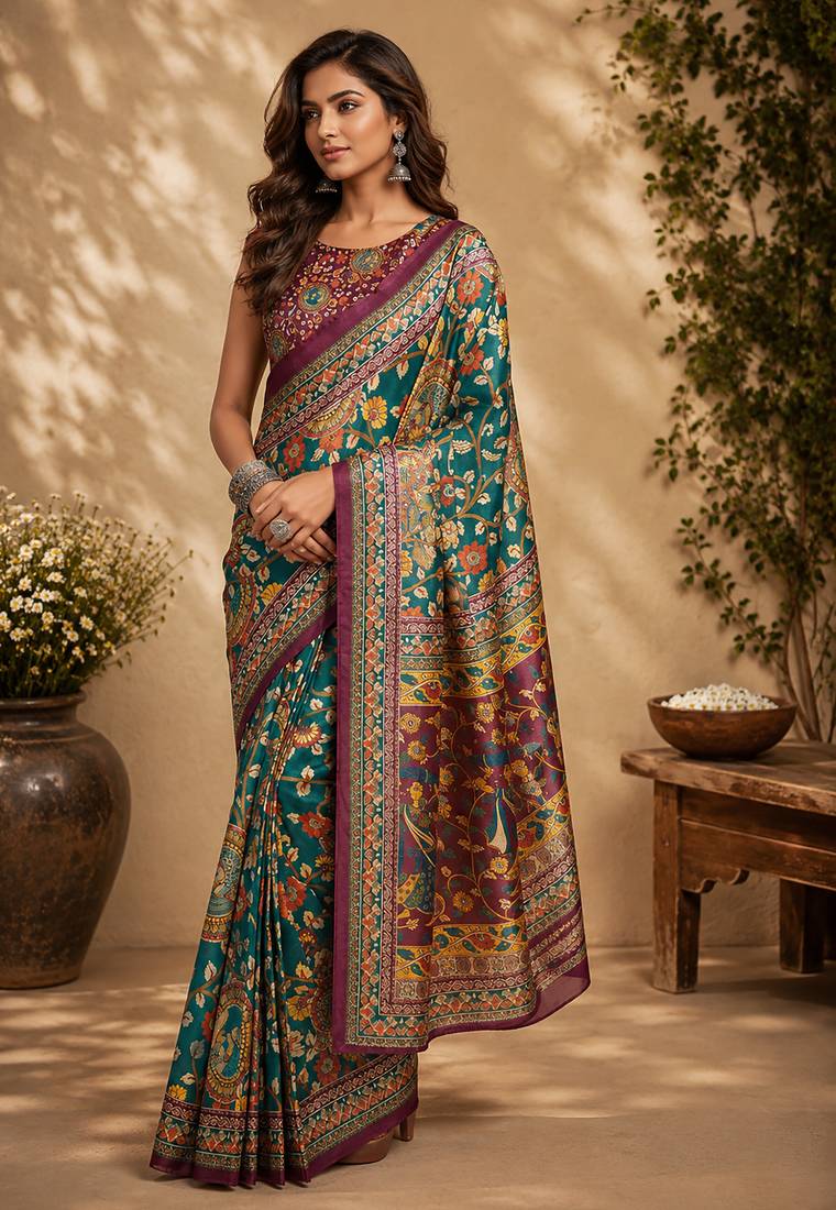Women peacock green chanderi cotton floral jaal ready to wear saree