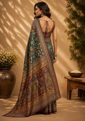 Women peacock green chanderi cotton floral jaal ready to wear saree 4