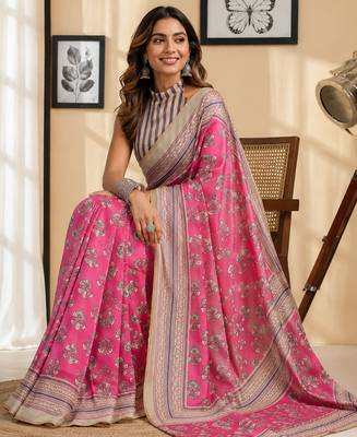 Women light pink chanderi cotton floral butti ready to wear saree 4