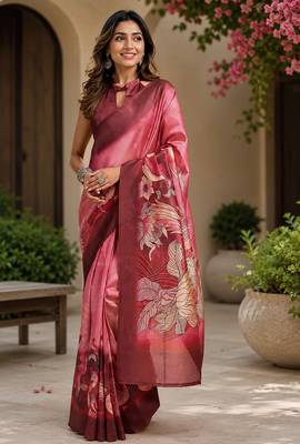 Women onion pink chanderi cotton floral motifs ready to wear saree 1