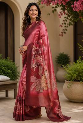 Women onion pink chanderi cotton floral motifs ready to wear saree 2
