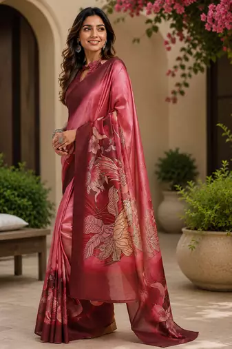 Women onion pink chanderi cotton floral motifs ready to wear saree