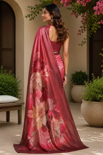 Women onion pink chanderi cotton floral motifs ready to wear saree