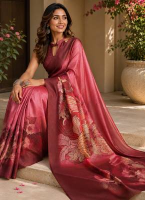 Women onion pink chanderi cotton floral motifs ready to wear saree 4
