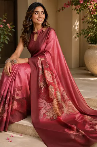 Women onion pink chanderi cotton floral motifs ready to wear saree