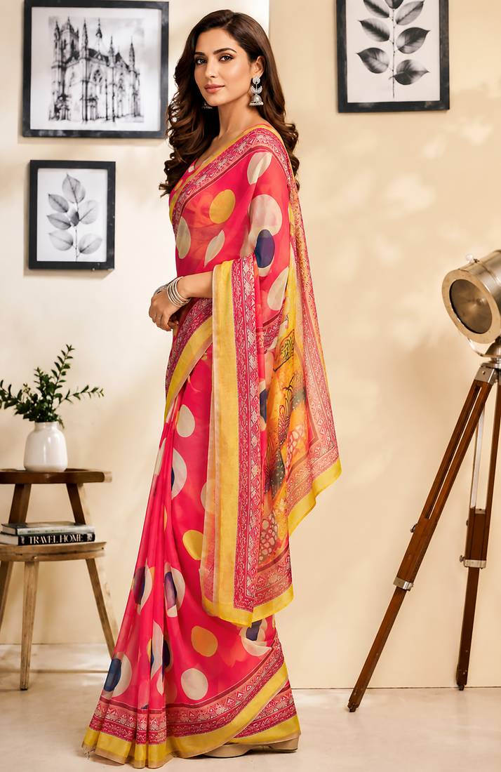 Women pink chanderi cotton polka dot ready to wear saree