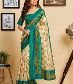 Women cream & rama green chanderi cotton chevron/zig-zag ready to wear saree