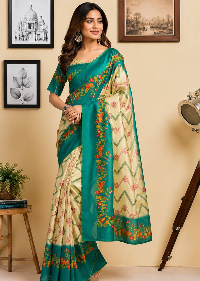 Women cream & rama green chanderi cotton chevron/zig-zag ready to wear saree