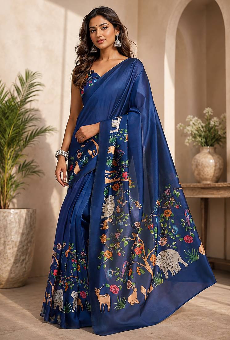 Women navy blue chanderi cotton kalamkari ready to wear saree