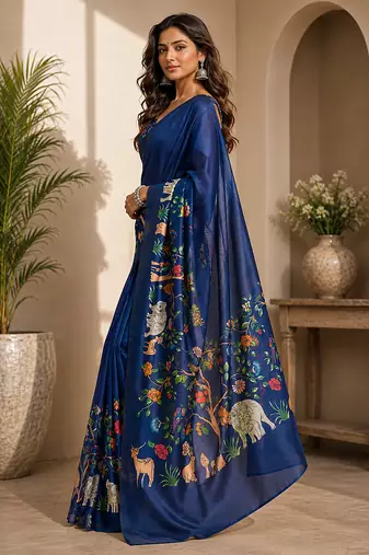 Women navy blue chanderi cotton kalamkari ready to wear saree
