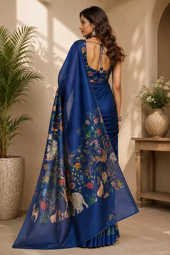 Women navy blue chanderi cotton kalamkari ready to wear saree