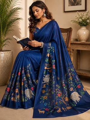 Women navy blue chanderi cotton kalamkari ready to wear saree 4