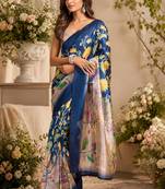 Women navy blue chanderi cotton multicolor floral ready to wear saree