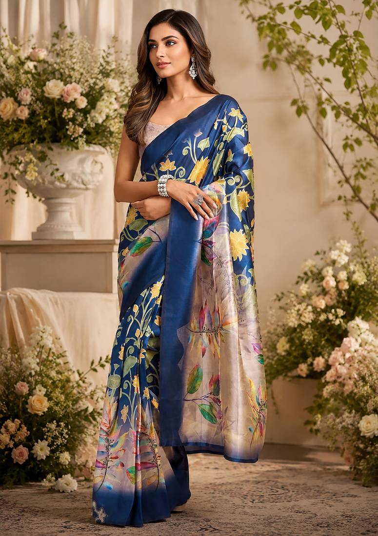 Women navy blue chanderi cotton multicolor floral ready to wear saree