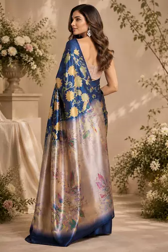 Women navy blue chanderi cotton multicolor floral ready to wear saree