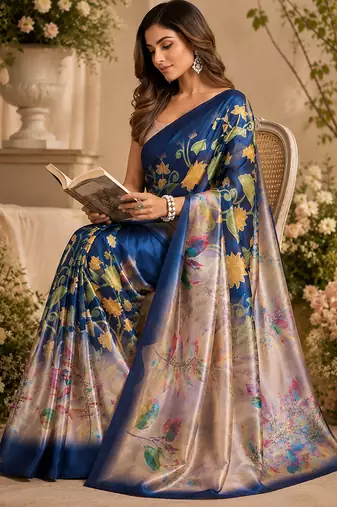 Women navy blue chanderi cotton multicolor floral ready to wear saree