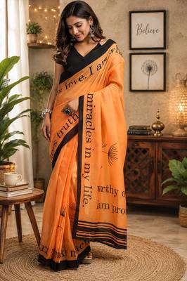 Women orange chanderi cotton geomatric & floral ready to wear saree 1