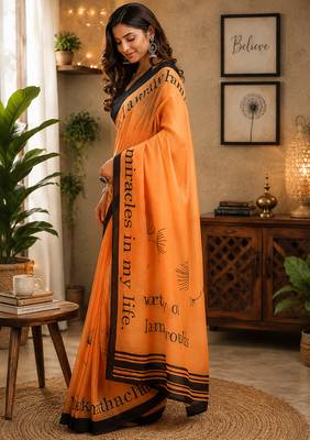 Women orange chanderi cotton geomatric & floral ready to wear saree 2