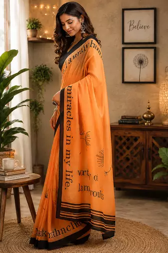 Women orange chanderi cotton geomatric & floral ready to wear saree