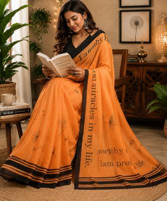 Women orange chanderi cotton geomatric & floral ready to wear saree 3