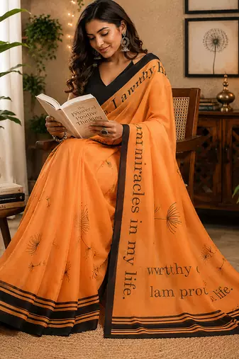 Women orange chanderi cotton geomatric & floral ready to wear saree