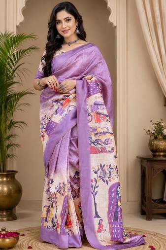 Women lavender chanderi cotton floral ready to wear saree