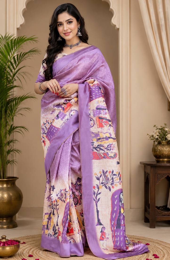 Women lavender chanderi cotton floral ready to wear saree