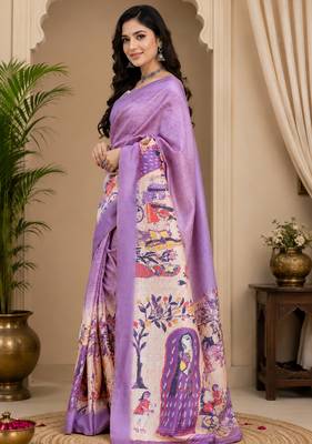 Women lavender chanderi cotton floral ready to wear saree 2