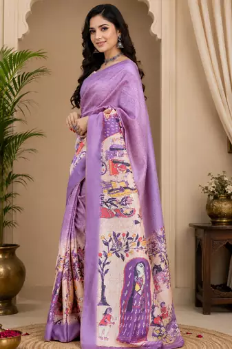 Women lavender chanderi cotton floral ready to wear saree