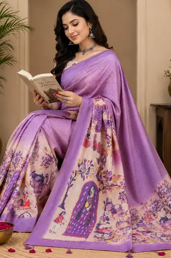 Women lavender chanderi cotton floral ready to wear saree