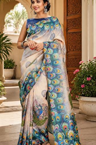 Women cream chanderi cotton peacock feather pattern ready to wear saree