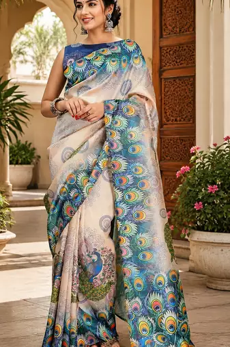 Women cream chanderi cotton peacock feather pattern ready to wear saree