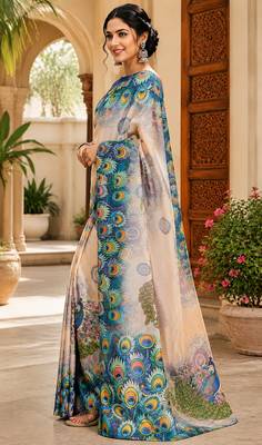 Women cream chanderi cotton peacock feather pattern ready to wear saree 2
