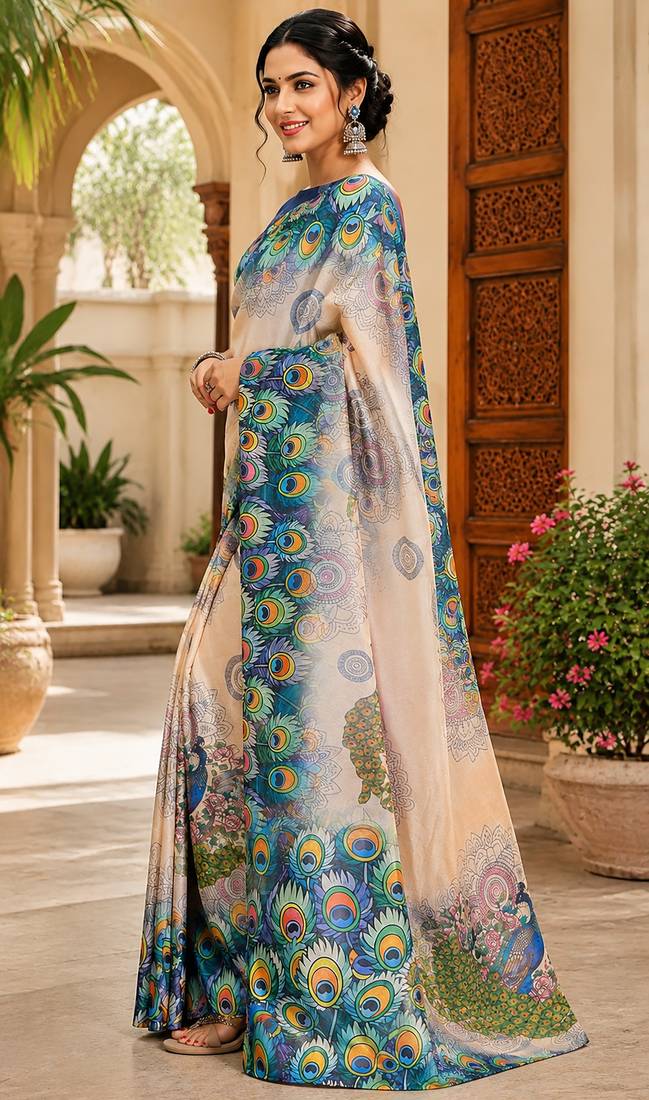 Women cream chanderi cotton peacock feather pattern ready to wear saree