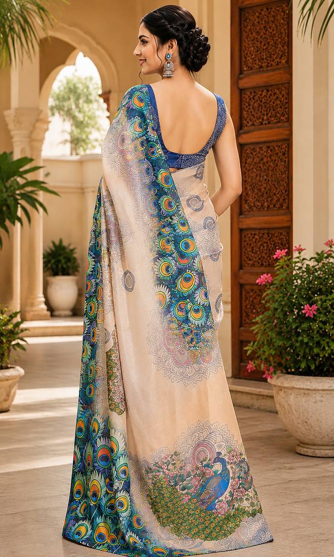Women cream chanderi cotton peacock feather pattern ready to wear saree