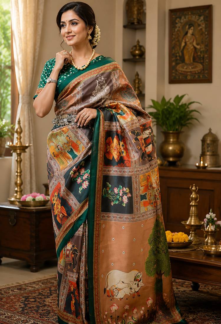 Women multicolor chanderi cotton kamdhenu grid ready to wear saree