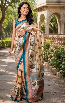 Women beige chanderi cotton geomatric & block print style ready to wear saree 1